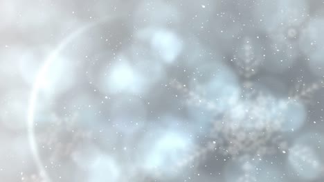 Animation-of-snow-falling-over-snowflakes-and-light-spots