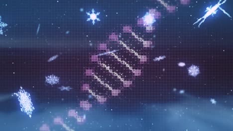 Animation-Eines-DNA-Strangs,-Der-Sich-über-Schnee-Dreht,-Der-Auf-Schwarzen-Hintergrund-Fällt