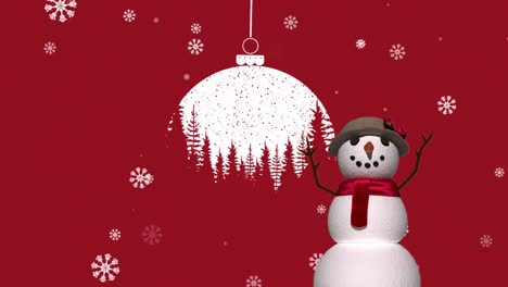 Animation-Von-Schneeflocken,-Die-über-Schneemann-Und-Weihnachtskugel-Auf-Rotem-Hintergrund-Fallen
