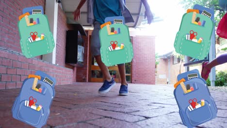 Animation-of-school-backpacks-icons-over-school-children-running-at-school