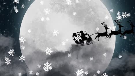 Animación-De-Santa-Claus-En-Trineo-Con-Renos-Moviéndose-Sobre-La-Luna-Y-Copos-De-Nieve-Cayendo
