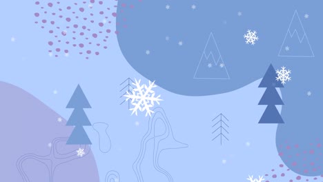 Animation-Von-Weihnachtsbäumen-über-Schnee,-Der-Auf-Blauen-Hintergrund-Fällt