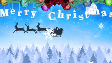 Animation-of-merry-christmas-text-over-winter-scenery-and-santa-claus-with-reindeer