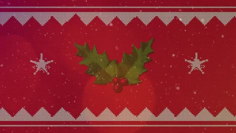 Animation-Von-Weihnachtsformen-über-Blättern-Auf-Rotem-Hintergrund