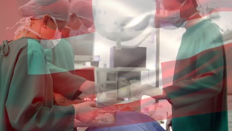 Animation-Der-Flagge-Der-Schweiz,-Die-über-Chirurgen-Im-Operationssaal-Weht