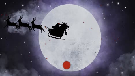 Animation-of-santa-claus-in-sleigh-with-reindeer-moving-over-moon-and-red-dots