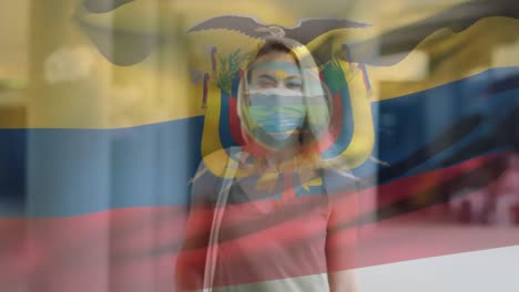 Animation-of-flag-of-equador-waving-over-caucasian-woman-wearing-face-mask-in-city-street