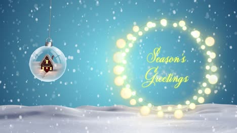 Animation-of-seasons-greetings-text-over-winter-scenery