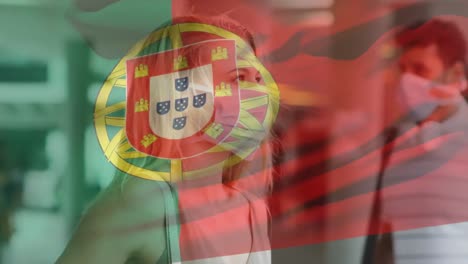 Animation-of-flag-of-portugal-waving-over-woman-wearing-face-mask-during-covid-19-pandemic