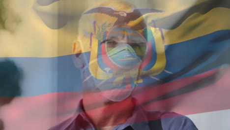 Animation-of-flag-of-equador-waving-over-caucasian-man-wearing-face-mask-in-city-street