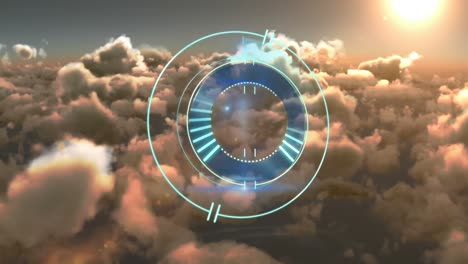 Animation-of-safe-lock-rotating-over-cloudy-sky