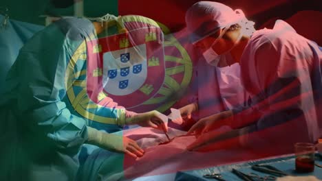 Animation-of-flag-of-portugal-waving-over-surgeons-in-operating-theatre