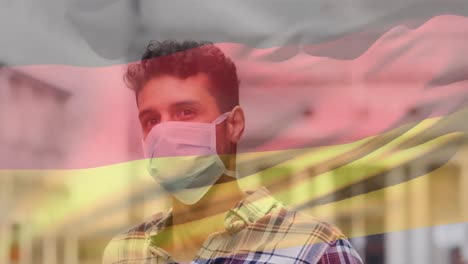 Animation-Der-Flagge-Deutschlands,-Die-über-Einem-Lateinamerikanischen-Mann-Mit-Gesichtsmaske-In-Der-Stadtstraße-Schwenkt