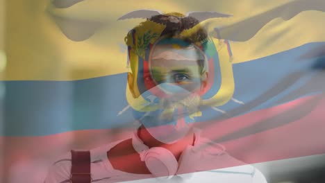 Animation-of-flag-of-ecuador-waving-over-man-wearing-face-mask-during-covid-19-pandemic