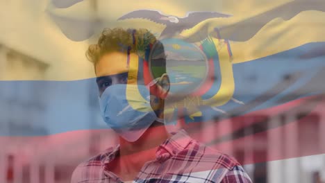 Animación-De-La-Bandera-Del-Ecuador-Ondeando-Sobre-Un-Hombre-Latino-Con-Mascarilla-En-La-Calle-De-La-Ciudad