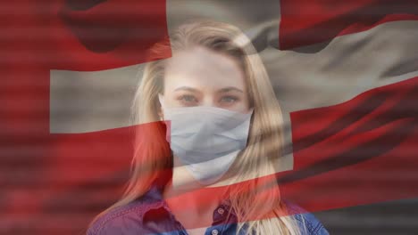 Animation-Der-Flagge-Der-Schweiz,-Die-Während-Der-Covid-19-Pandemie-über-Einer-Frau-Mit-Gesichtsmaske-Weht