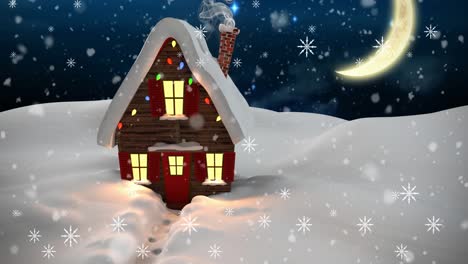 Animation-Von-Schnee,-Der-über-Die-Nächtliche-Winterlandschaft-Mit-Haus-Fällt