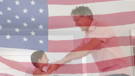 Animation-Der-Flagge-Der-USA,-Die-Glücklichen-Kaukasischen-Vater-Und-Tochter-Schwenkt