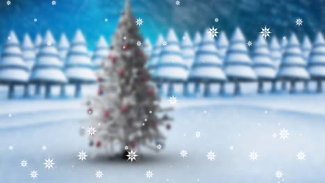 Animation-Von-Schneefall-In-Einer-Winterlandschaft-Mit-Weihnachtsbaum,-Der-Durch-Das-Fenster-Gesehen-Wird