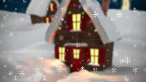 Animation-of-snow-falling-in-night-winter-landscape-with-houses-seen-through-window
