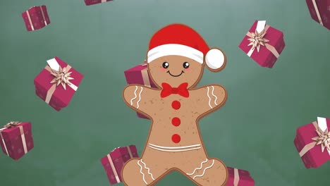 Animation-of-presents-and-gingerbread-man-falling-on-green-background