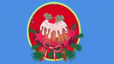 Animation-Von-Fallendem-Schnee-Und-Kuchen-Auf-Blauem-Hintergrund