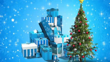 Animation-of-snow-falling-over-christmas-tree-and-presents-on-blue-background