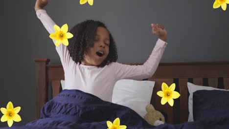 Animation-of-flowers-over-african-american-girl-waking-up