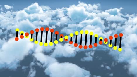 Animation-of-dna-strand-rotating-over-cloudy-blue-sky-and-on-pink-circle