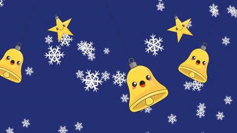 Animation-Von-Schnee,-Sternen-Und-Glocken,-Die-Auf-Marineblauen-Hintergrund-Fallen