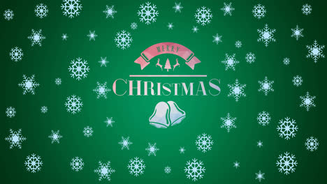 Animation-of-snowflakes-and-christmas-greetings-on-green-background