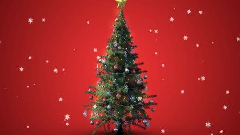 Animation-of-snow-falling-over-christmas-tree-on-red-background