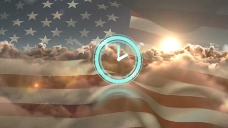 Animation-of-rotating-safe-lock-with-clock-hand-over-american-flag
