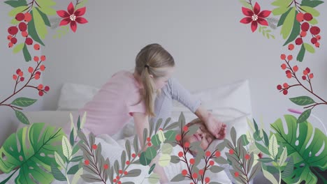 Animation-of-flowers-over-daughter-waking-up-her-mother