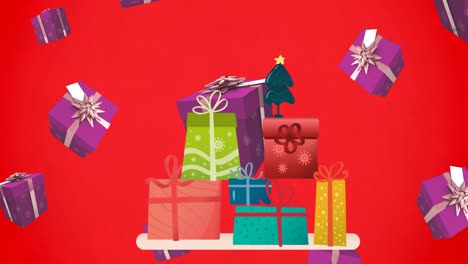 Animation-of-presents-falling-on-red-background
