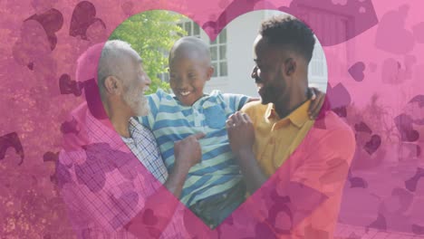 Animation-of-hearts-over-happy-african-american-three-generation-men-family-in-garden