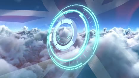 Animation-of-safe-lock-rotating-over-uk-flag-and-cloudy-sky