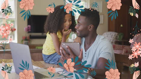 Animación-De-Flores-Sobre-Un-Feliz-Padre-E-Hija-Afroamericanos-Usando-Una-Tableta-Y-Una-Computadora-Portátil-En-Casa