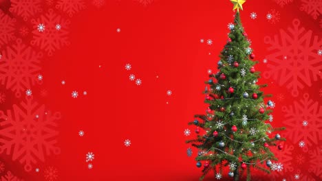 Animation-of-snow-falling-over-christmas-tree-on-red-background