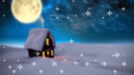 Animación-De-Nieve-Cayendo-En-El-Paisaje-Nocturno-De-Invierno-Con-Casa-Vista-A-Través-De-La-Ventana