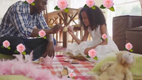 Animation-of-african-american-father-and-daughter-playing-in-living-room