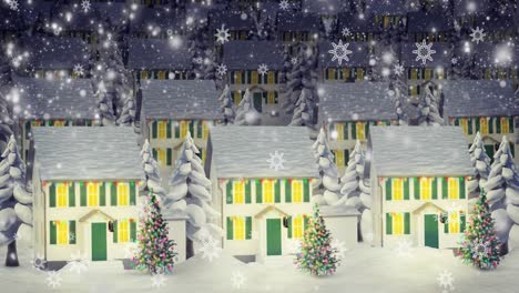 Animation-Von-Schnee,-Der-über-Eine-Nächtliche-Winterlandschaft-Mit-Häusern-Fällt
