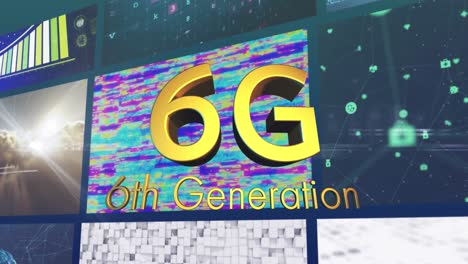 Animation-of-6g-6th-generation-text-in-gold-over-colourful-clips-playing-on-composite-screens