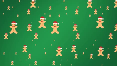 Animation-of-gingerbread-men-falling-on-green-background