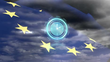 Animation-of-clock-with-moving-hands-over-eu-flag-and-cloudy-sky
