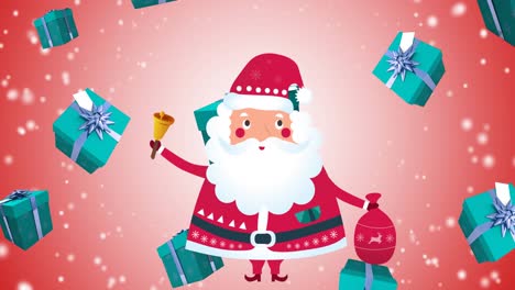 Animation-of-presents-and-santa-claus-falling-on-red-background