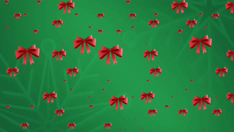 Animation-of-bows-falling-on-green-background