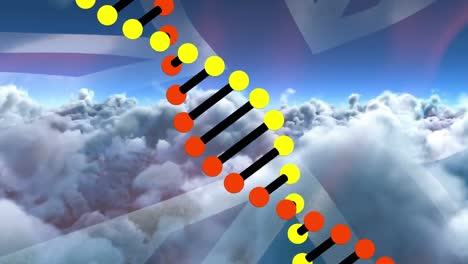 Animation-Eines-DNA-Strangs,-Der-Sich-über-Der-Britischen-Flagge-Und-Dem-Bewölkten-Himmel-Dreht