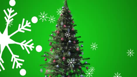 Animation-of-snow-falling-over-christmas-tree-on-green-background