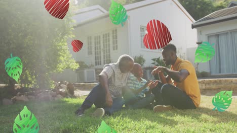 Animation-of-hearts-and-leaves-over-african-american-multi-generation-men-talking-in-garden